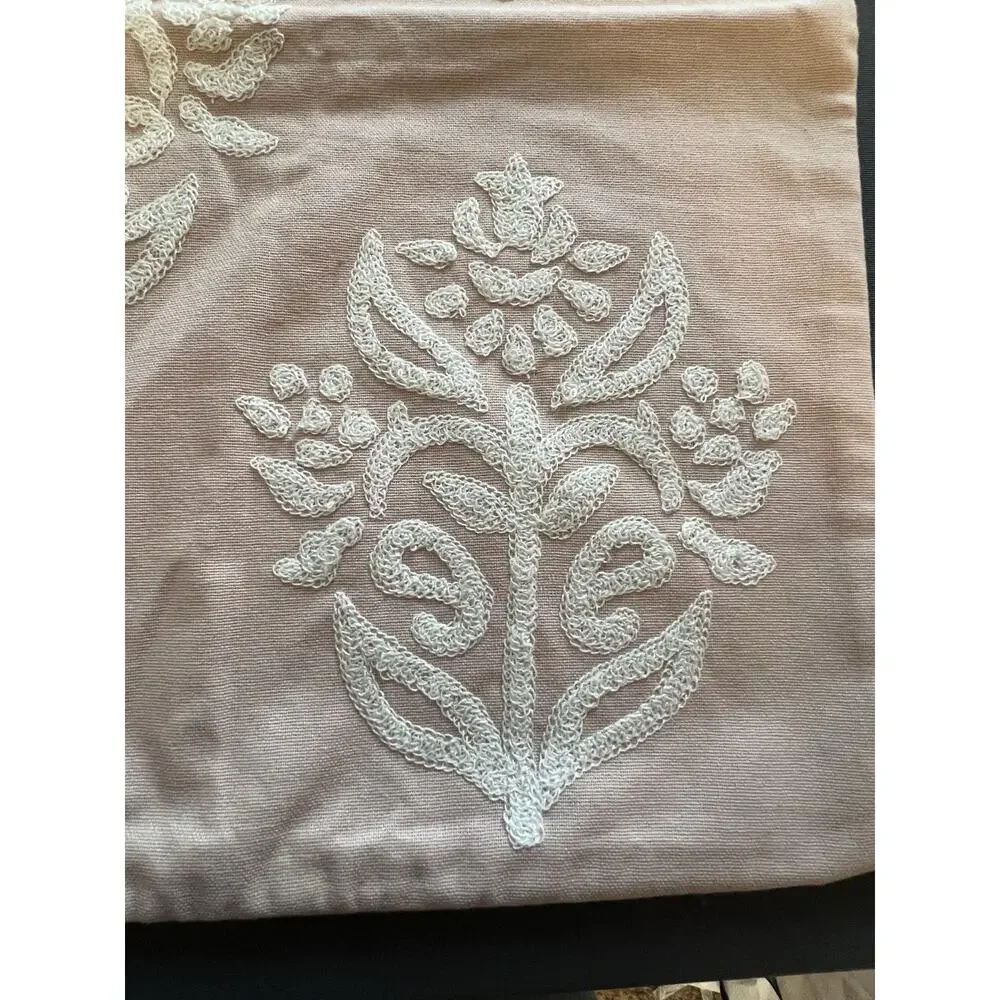 Pottery Barn Kyla Floral Embroidered Pillow Cover Pink White Square Cotton 18x18 - Picture 3 of 7